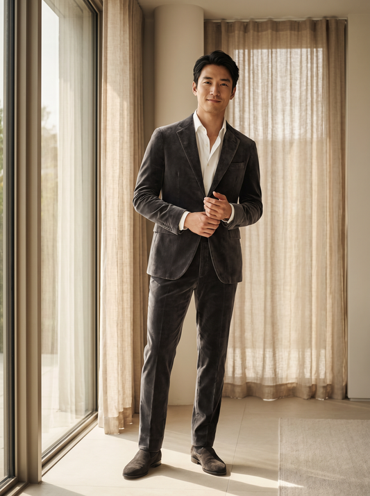 Charcoal Grey Velvet Groomsmen Suit — Custom Made to Measure - front view