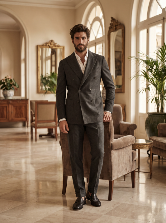 Charcoal Grey Wool Double Breasted Suit — Custom Made to Measure - front view