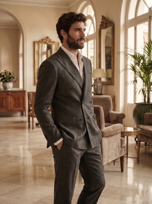 Charcoal Grey Wool Double Breasted Suit — Custom Made to Measure - side view