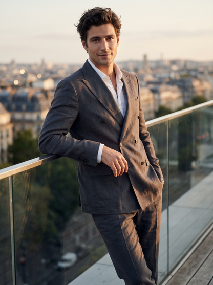 Charcoal Linen Double Breasted Suit — Custom Made to Measure - front view