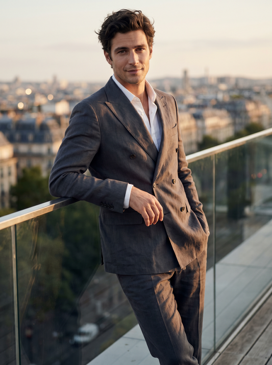 Charcoal Linen Double Breasted Suit — Custom Made to Measure - front view