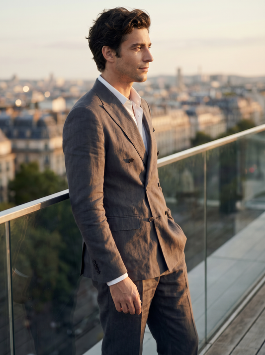 Charcoal Linen Double Breasted Suit — Custom Made to Measure - side view