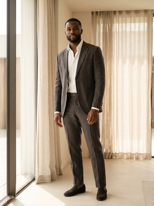 Charcoal Linen Groomsmen Suit — Custom Made to Measure - front view