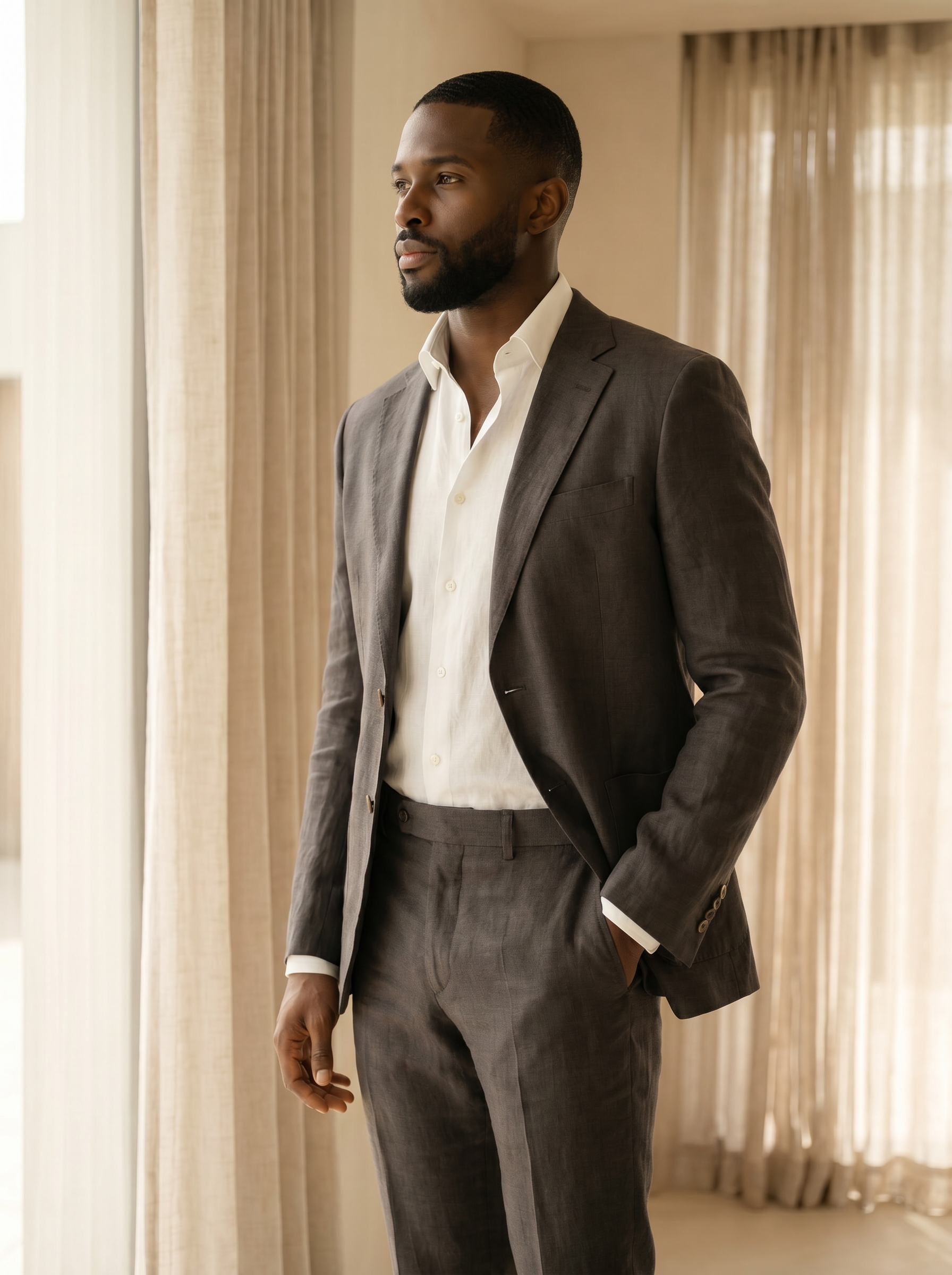 Charcoal Linen Groomsmen Suit — Custom Made to Measure - side view