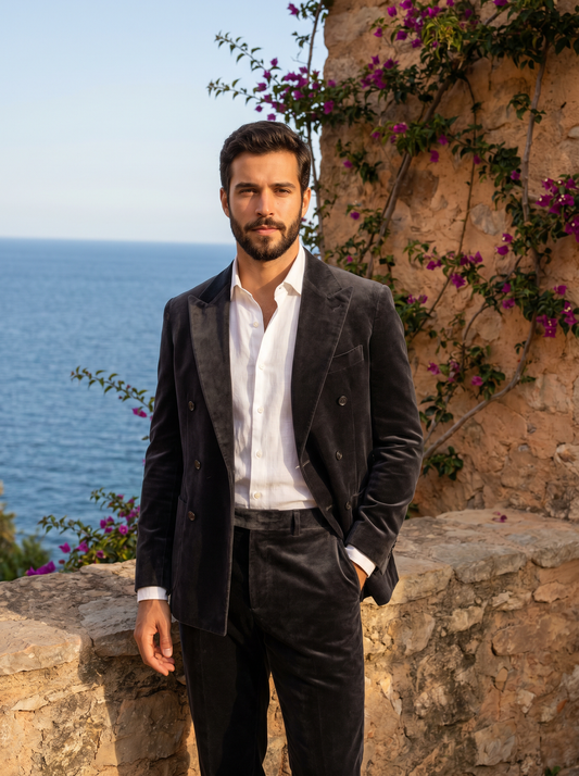 Charcoal Velvet Double Breasted Suit — Custom Made to Measure - front view