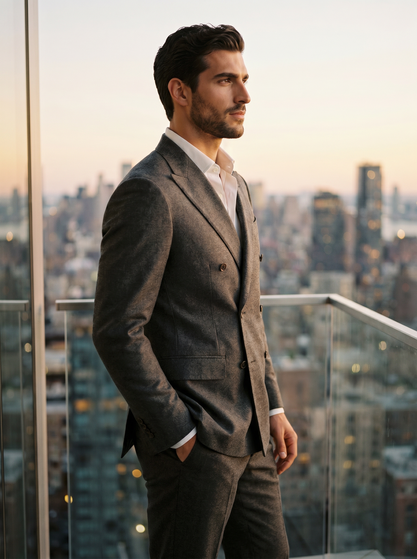 Charcoal Wool Double Breasted Suit — Custom Made to Measure - side view