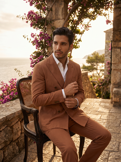 Clay Cotton Double Breasted Suit — Custom Made to Measure - seated view