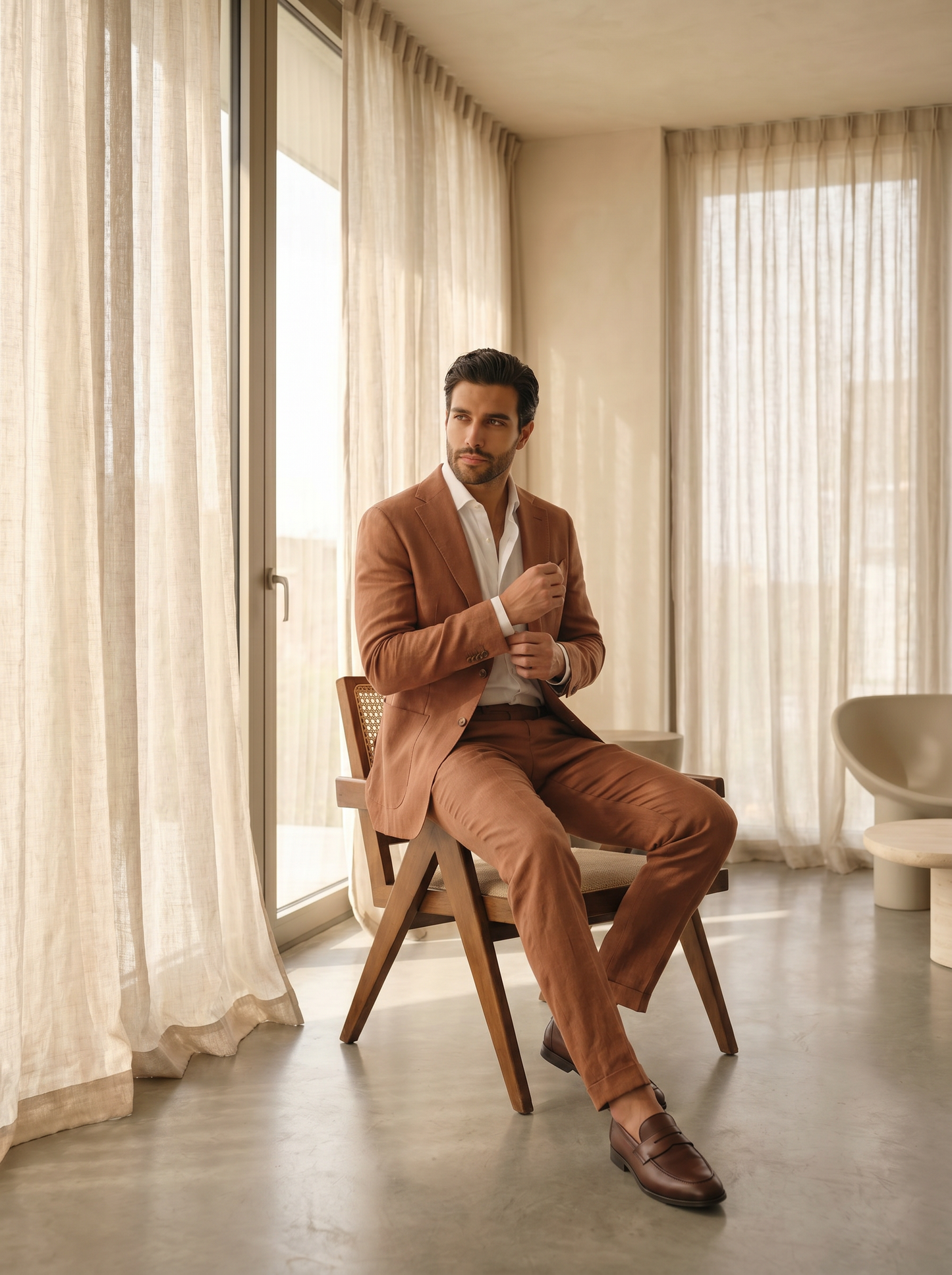 Clay Linen Suit — Custom Made to Measure - seated view