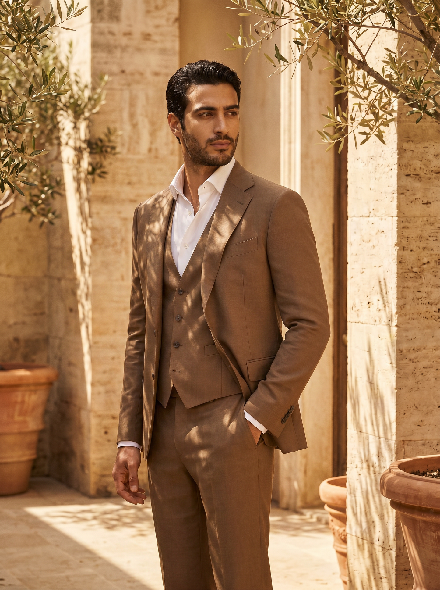 Clay Silk Blend 3-Piece Suit — Custom Made to Measure - side view