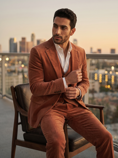 Clay Velvet 3-Piece Suit — Custom Made to Measure - seated view