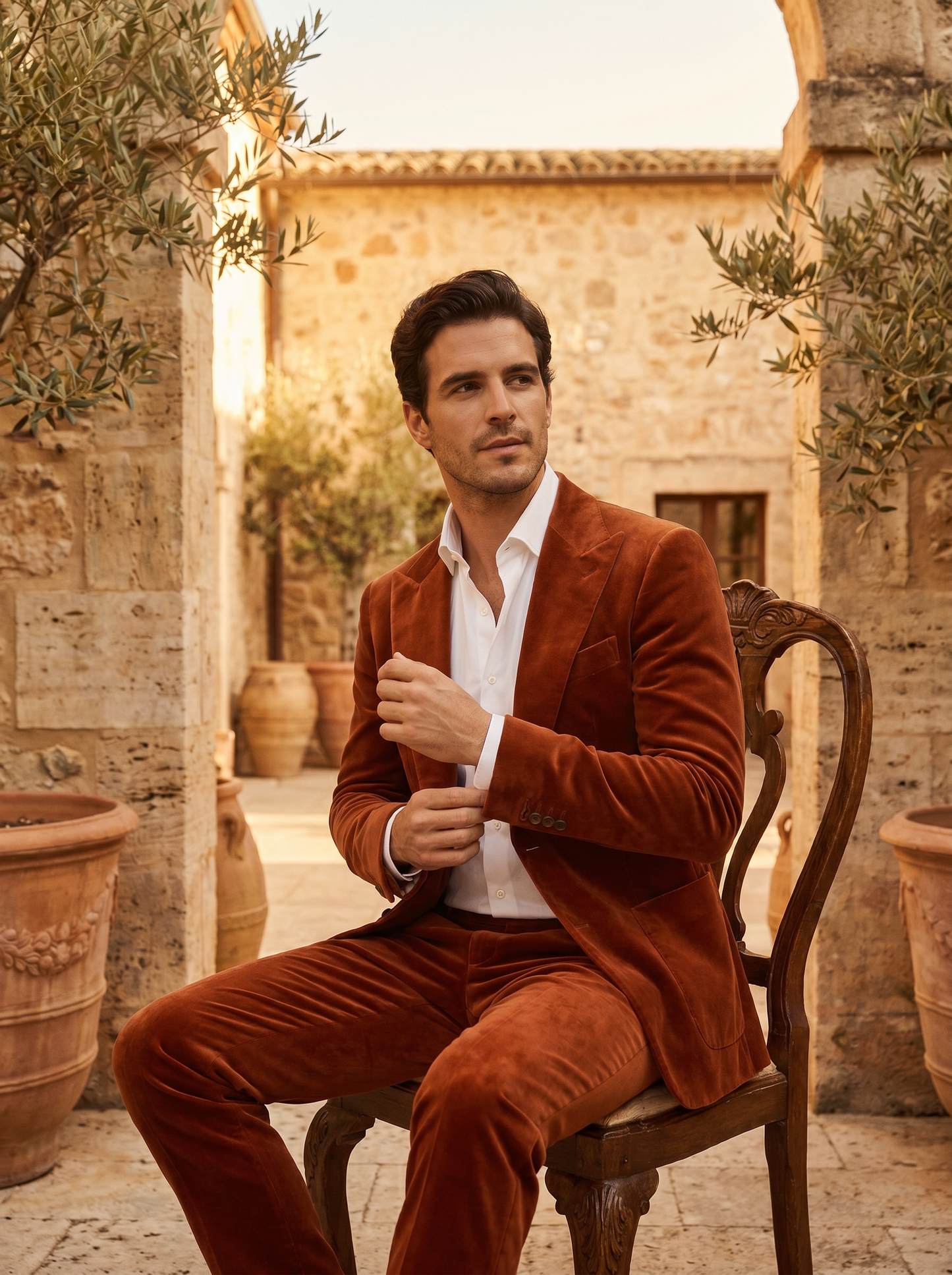Clay Velvet Groomsmen Suit — Custom Made to Measure - seated view
