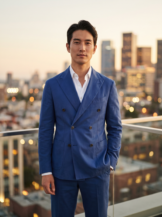 Cobalt Blue Cotton Double Breasted Suit — Custom Made to Measure - front view