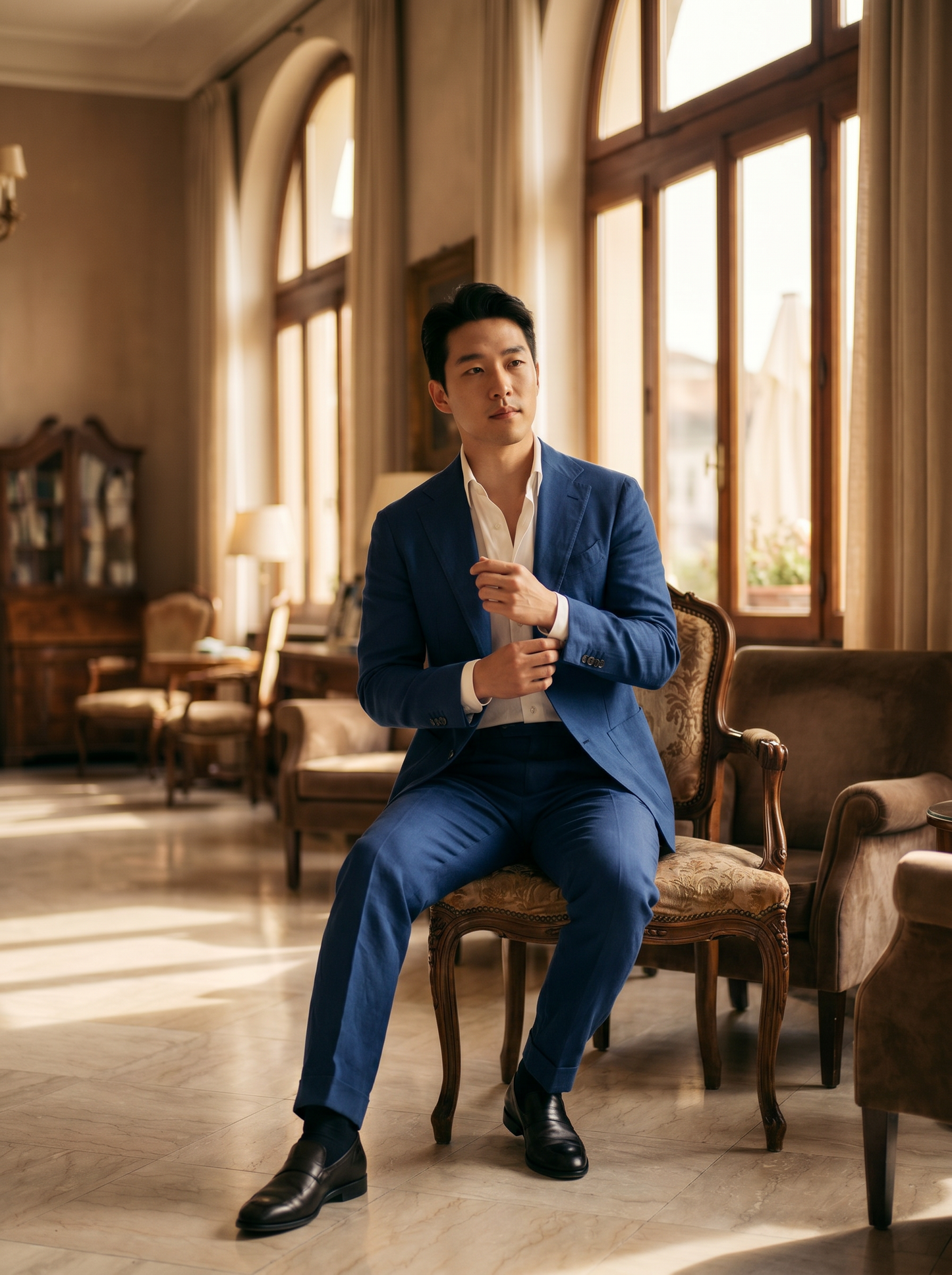 Cobalt Blue Cotton Suit — Custom Made to Measure - seated view