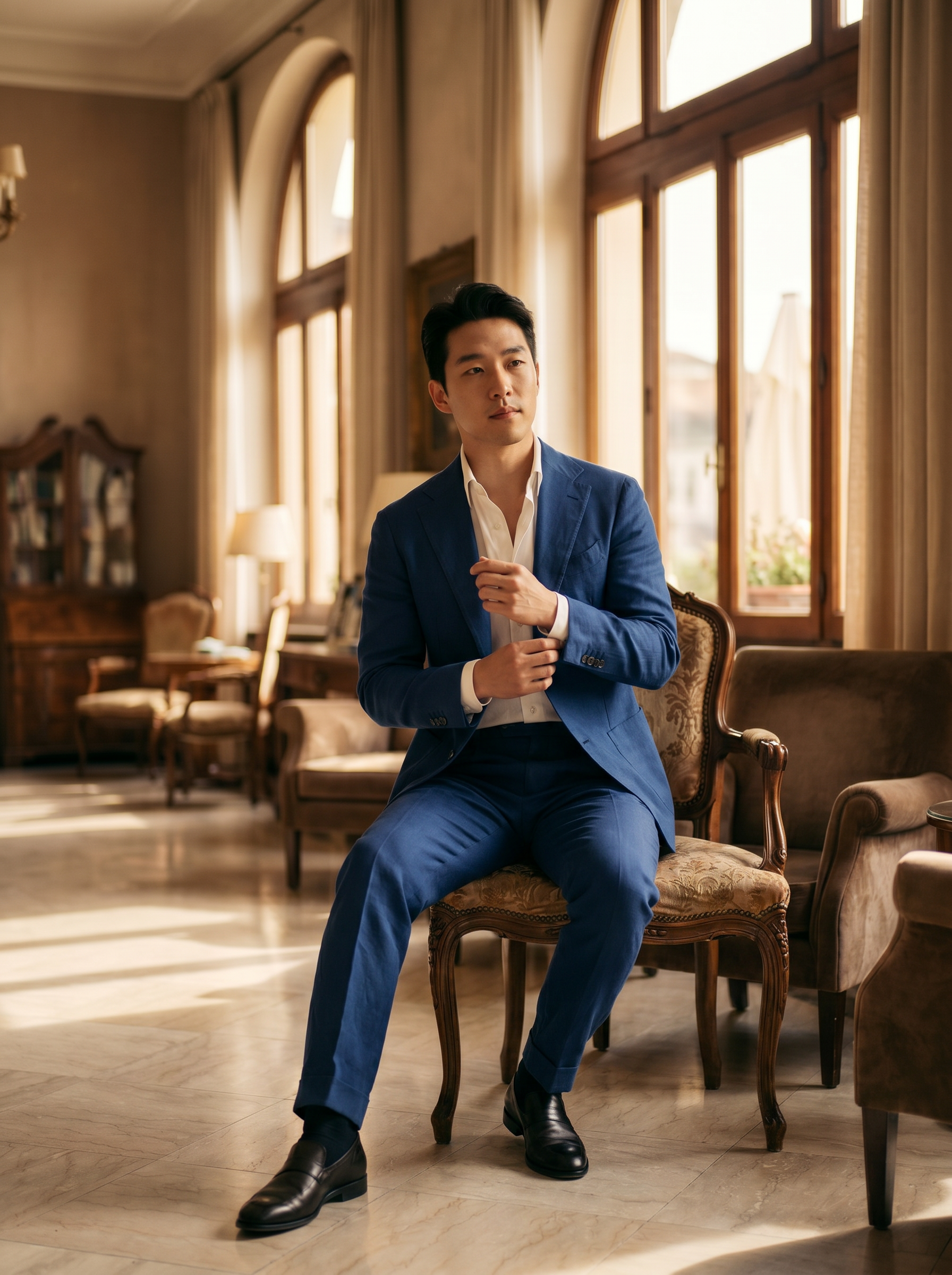 Cobalt Blue Cotton Suit — Custom Made to Measure - seated view