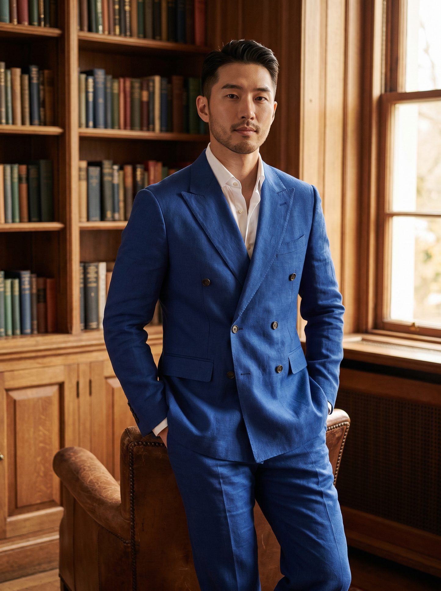 Cobalt Blue Linen Double Breasted Suit — Custom Made to Measure - front view