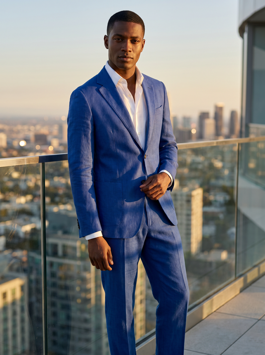 Cobalt Blue Linen Groomsmen Suit — Custom Made to Measure - front view