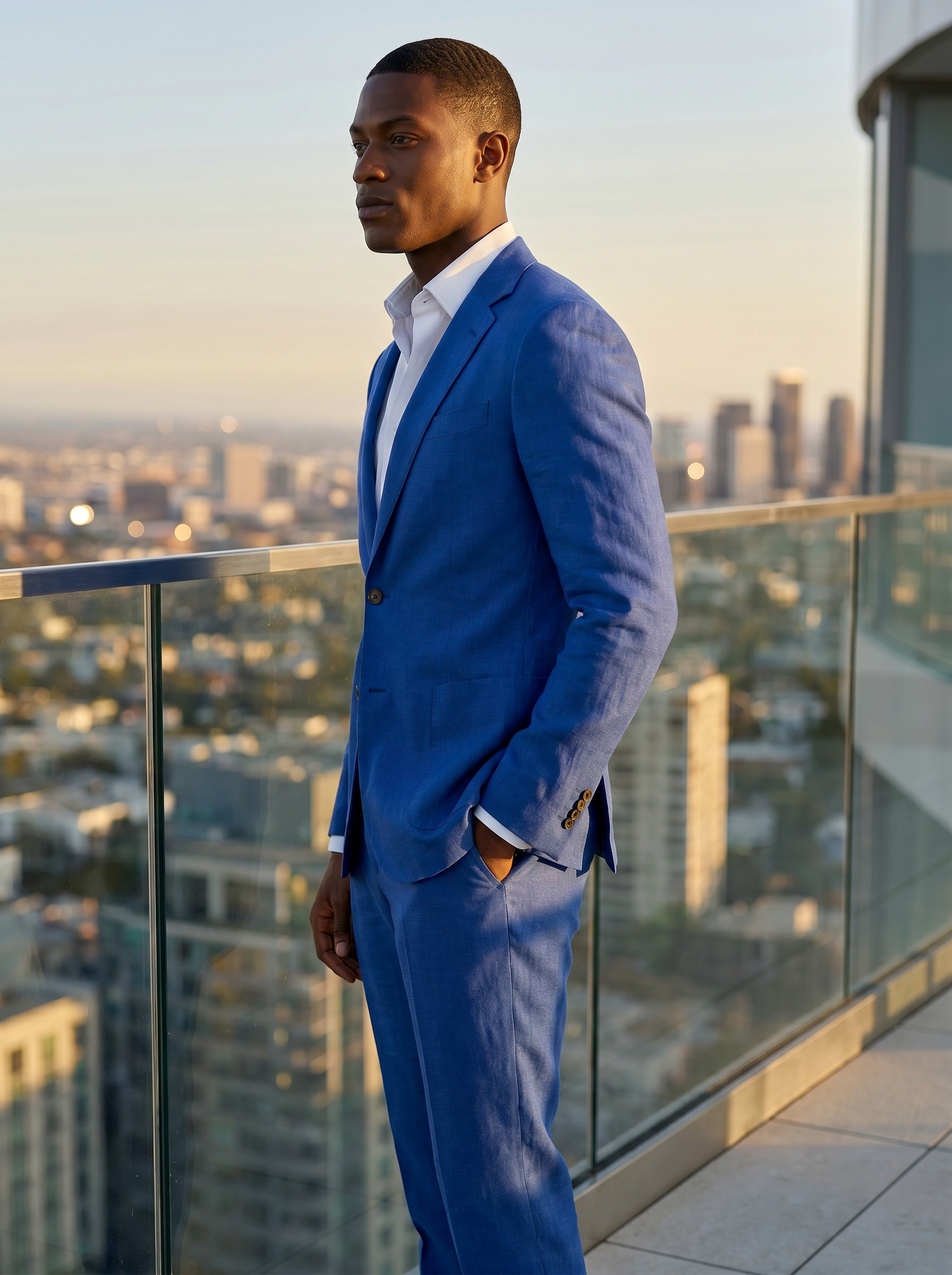Cobalt Blue Linen Groomsmen Suit — Custom Made to Measure - side view
