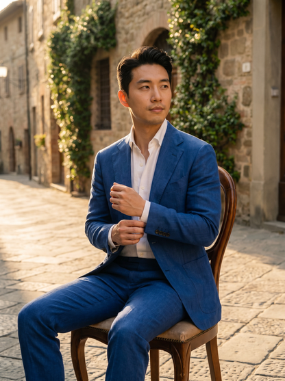 Cobalt Blue Linen Suit — Custom Made to Measure - seated view