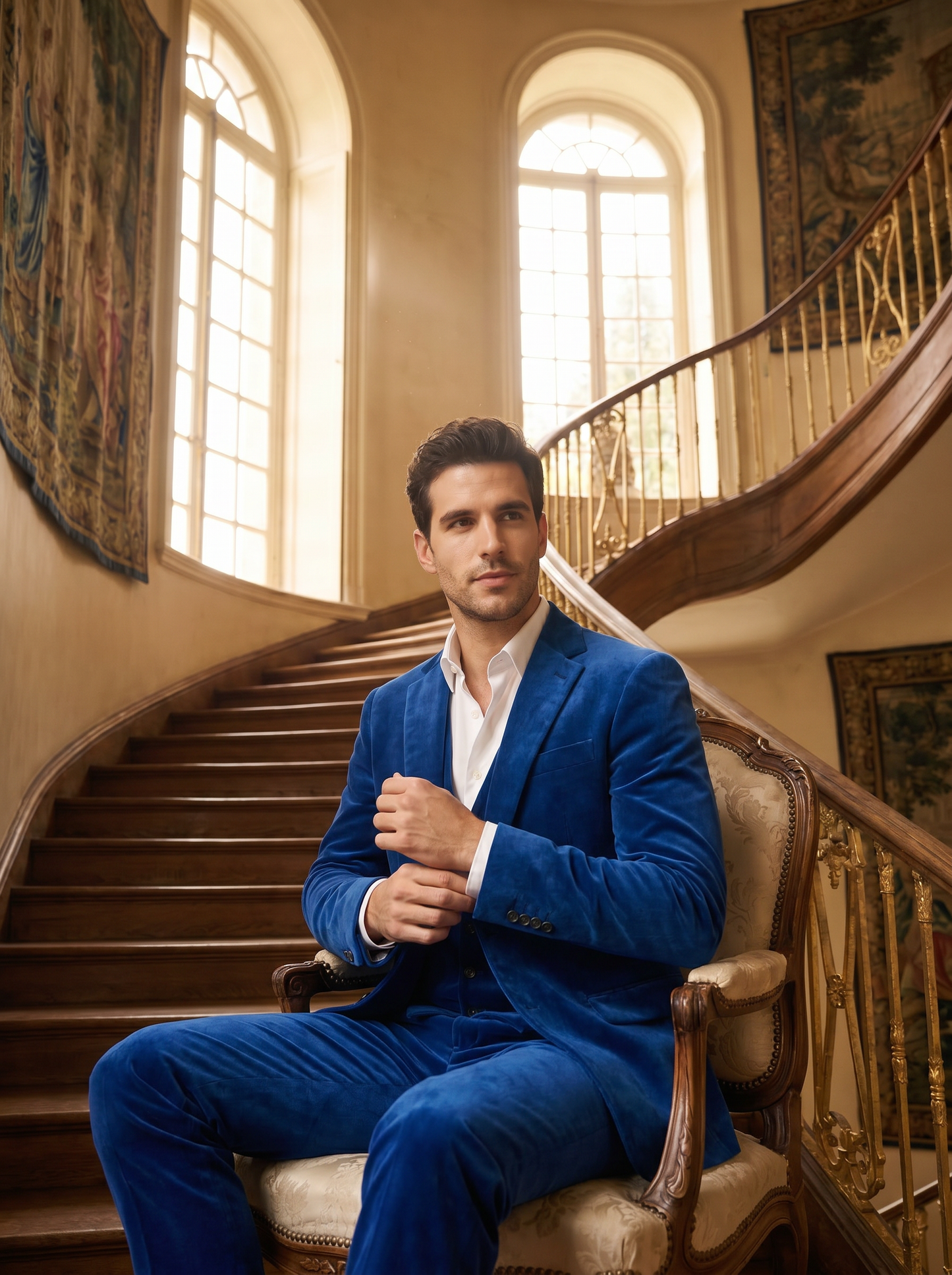 Cobalt Blue Velvet 3-Piece Suit — Custom Made to Measure - seated view