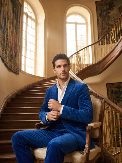 Cobalt Blue Velvet 3-Piece Suit — Custom Made to Measure - seated view