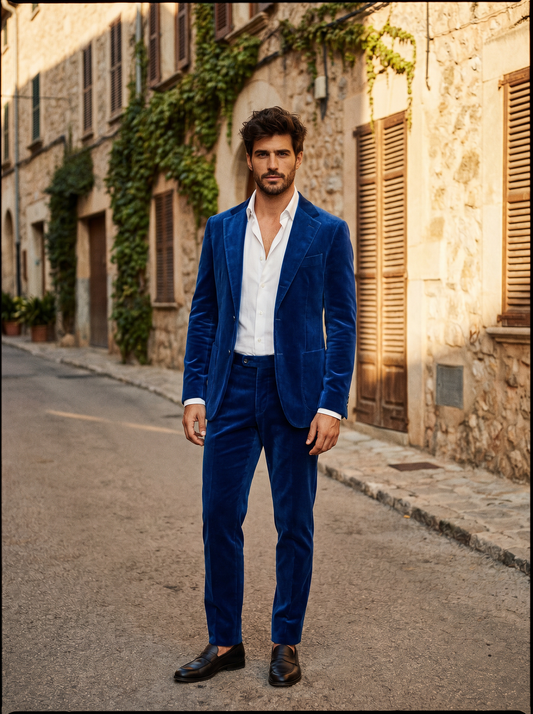 Cobalt Blue Velvet Groomsmen Suit — Custom Made to Measure - front view