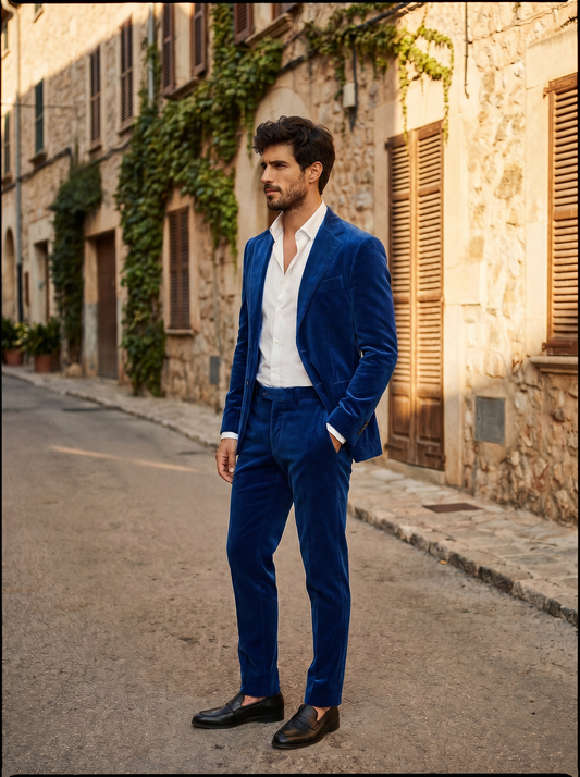 Cobalt Blue Velvet Groomsmen Suit — Custom Made to Measure - side view