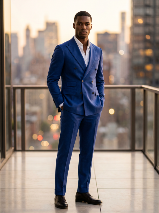 Cobalt Blue Wool Double Breasted Suit — Custom Made to Measure - front view