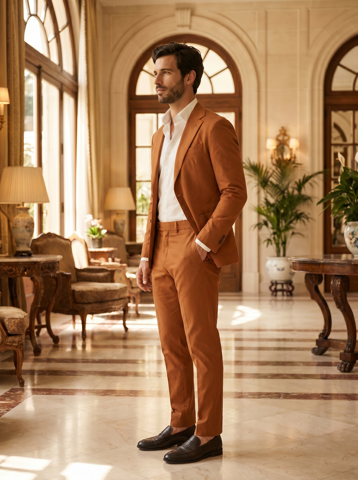 Copper Cotton Groomsmen Suit — Custom Made - side view
