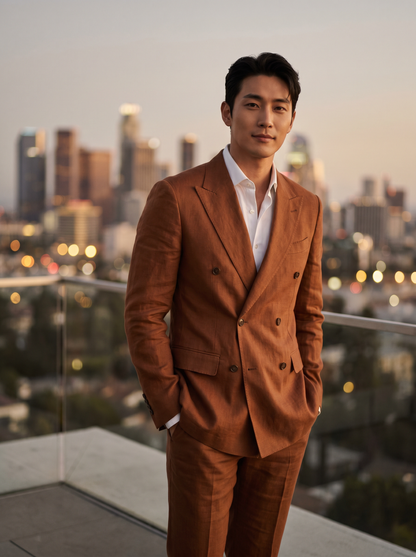 Copper Linen Double Breasted Suit — Custom Made to Measure - front view