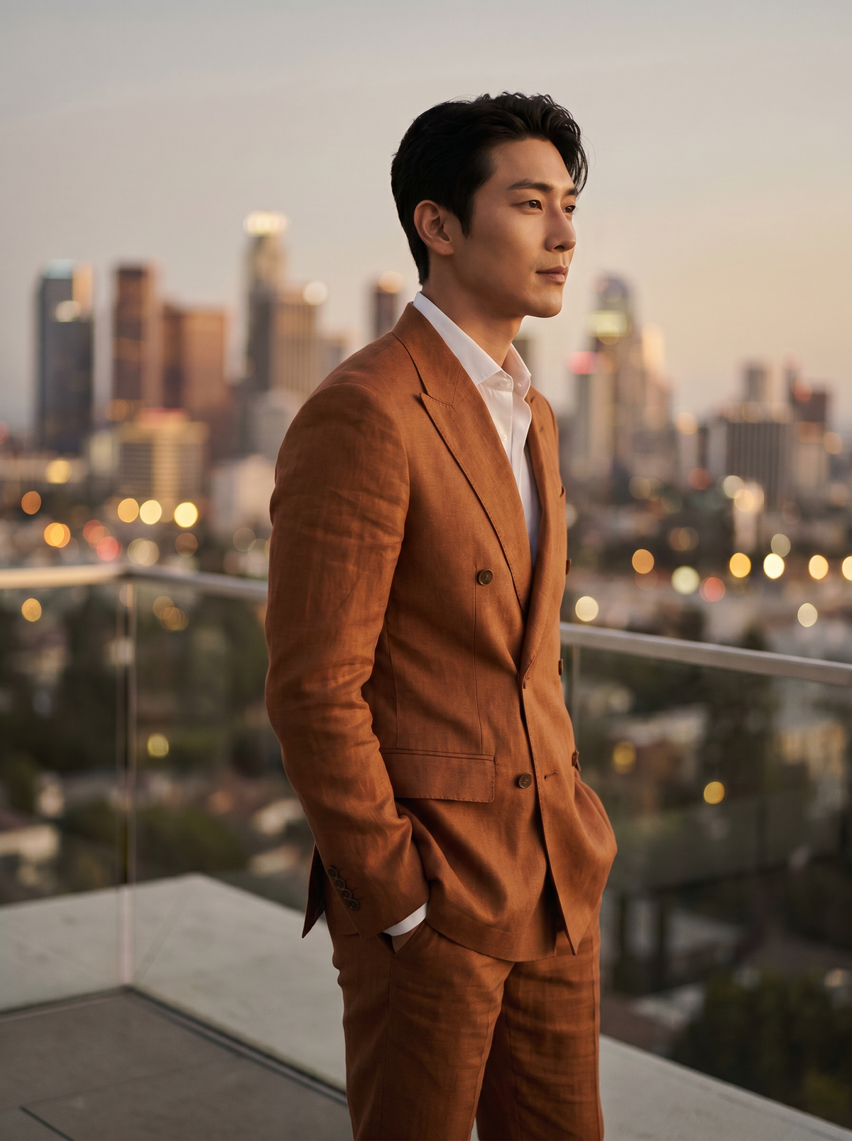 Copper Linen Double Breasted Suit — Custom Made to Measure - side view