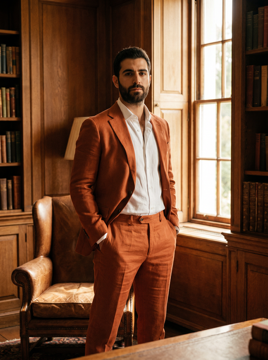 Copper Linen Groomsmen Suit — Custom Made to Measure - front view