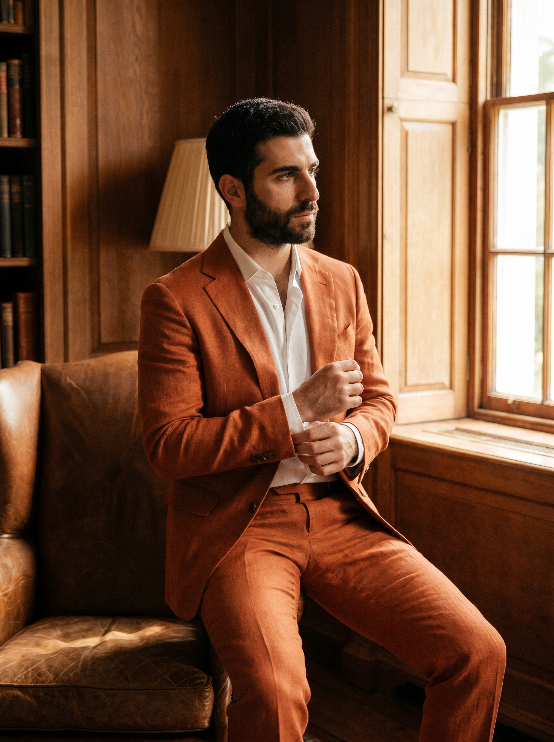 Copper Linen Groomsmen Suit — Custom Made to Measure - seated view