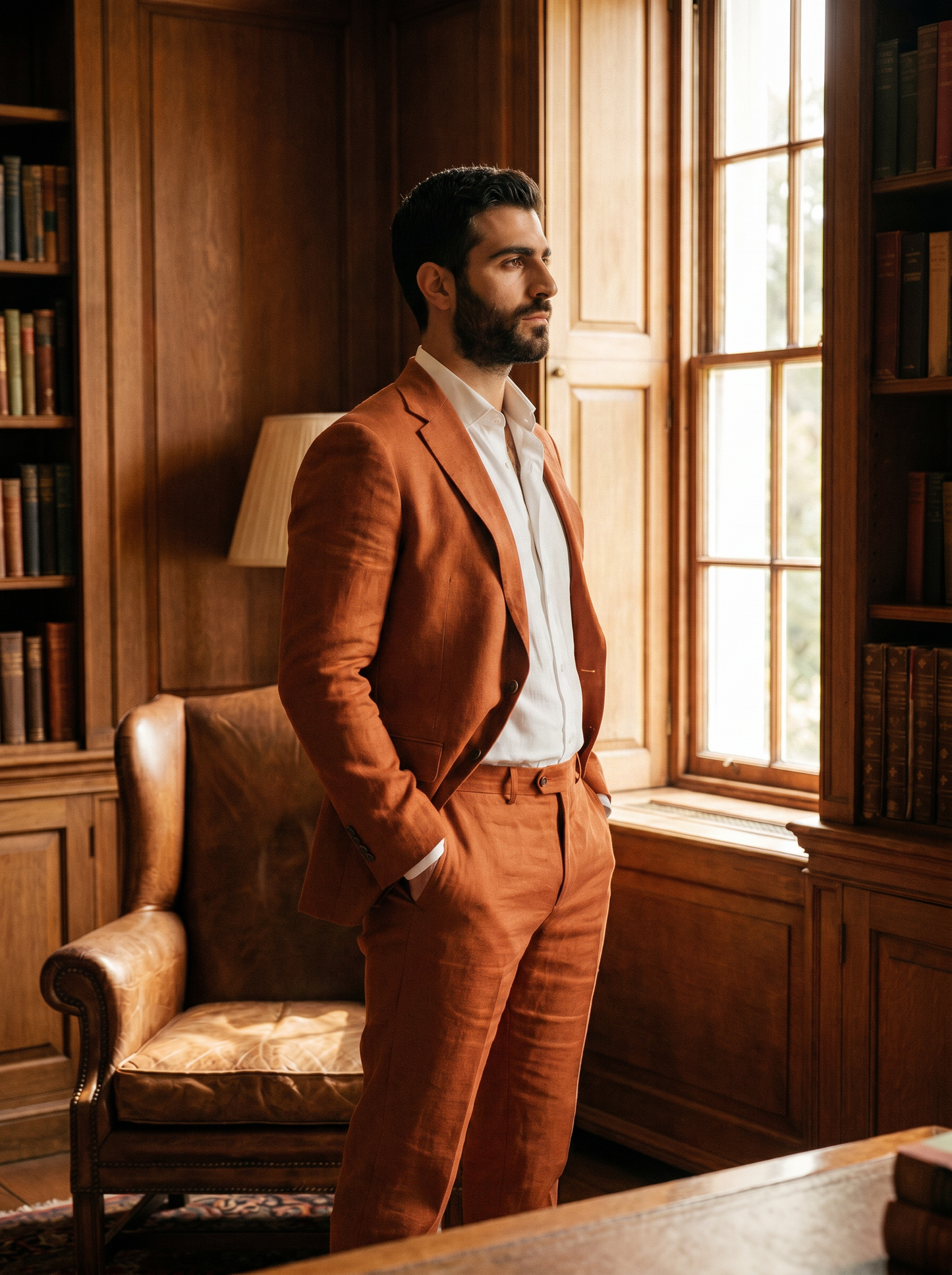 Copper Linen Groomsmen Suit — Custom Made to Measure - side view