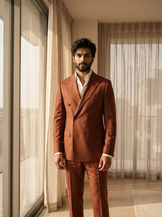 Copper Silk Blend Double Breasted Suit — Custom Made to Measure - front view