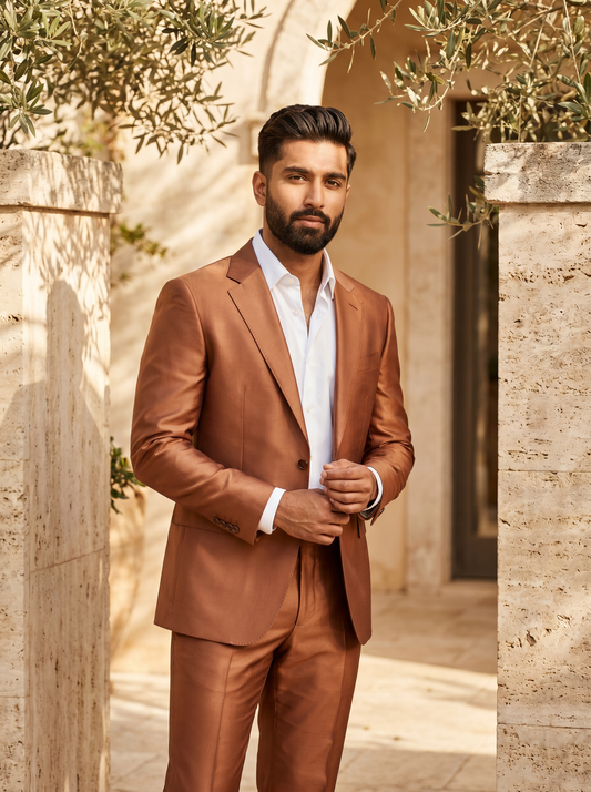 Copper Silk Blend Groomsmen Suit — Custom Made to Measure - front view