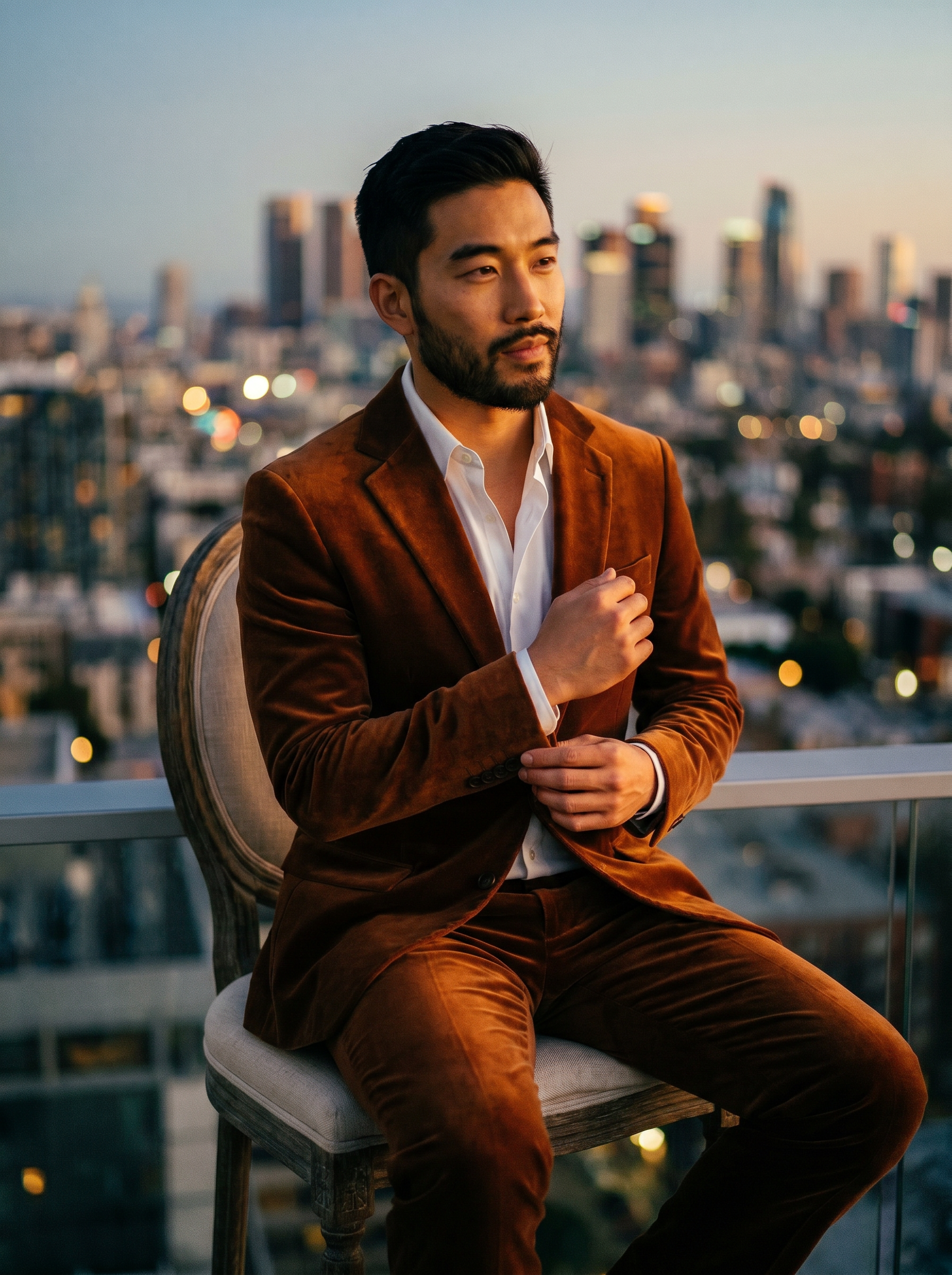 Copper Velvet Groomsmen Suit — Custom Made to Measure - seated view