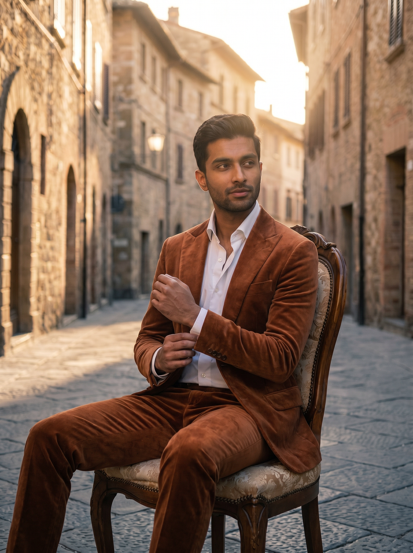 Copper Velvet Suit — Custom Made to Measure - seated view