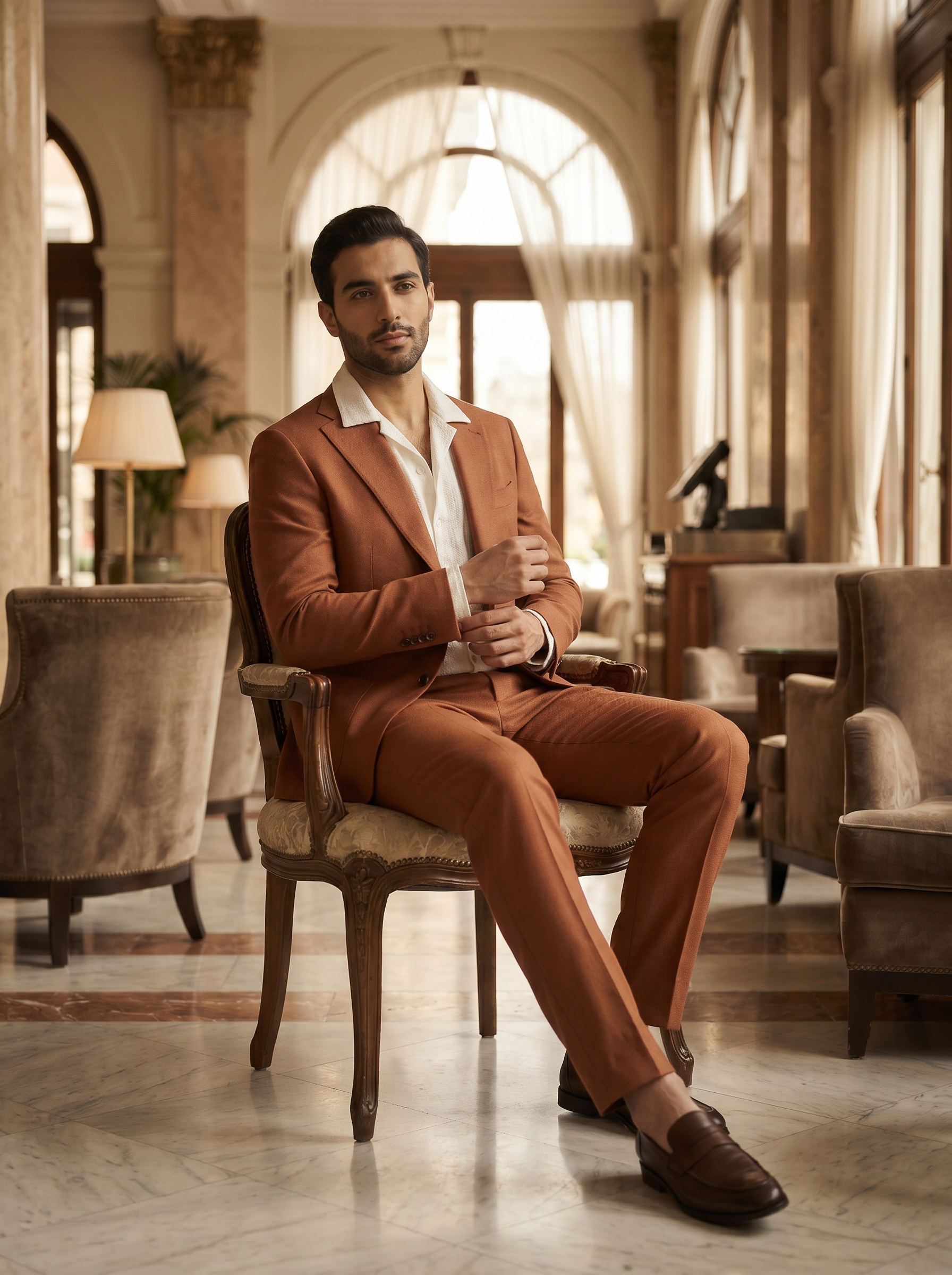 Copper Wool Groomsmen Suit — Custom Made to Measure - seated view