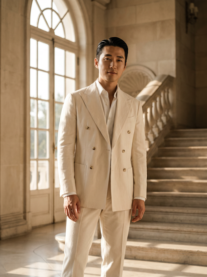 Cream Cotton Double Breasted Suit — Custom Made to Measure - front view
