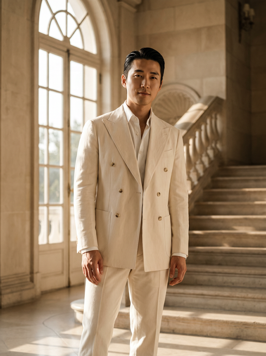 Cream Cotton Double Breasted Suit — Custom Made to Measure - front view
