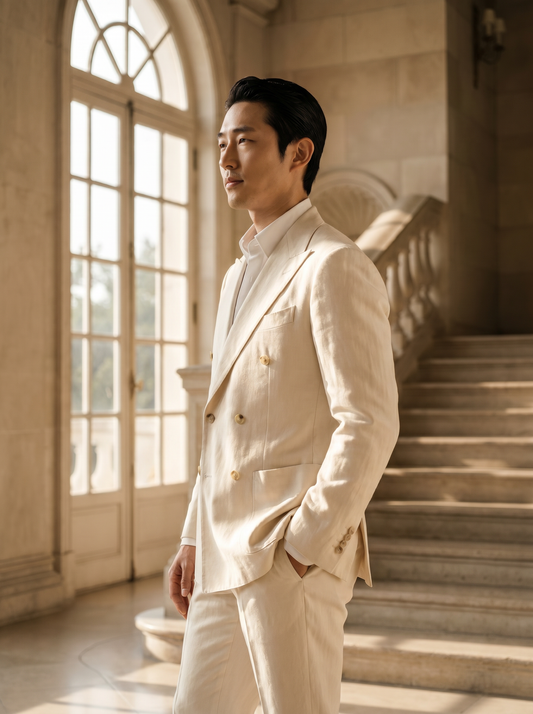 Cream Cotton Double Breasted Suit — Custom Made to Measure - side view