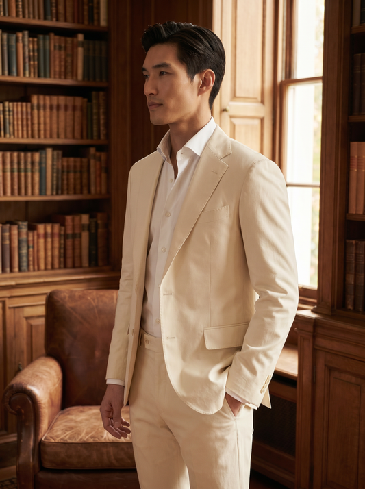 Cream Cotton Groomsmen Suit — Custom Made to Measure - side view