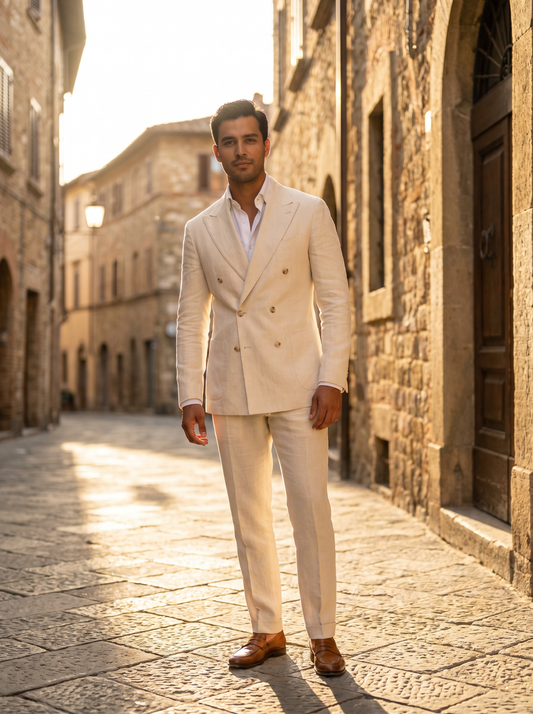 Cream Linen Double Breasted Suit — Custom Made to Measure - front view
