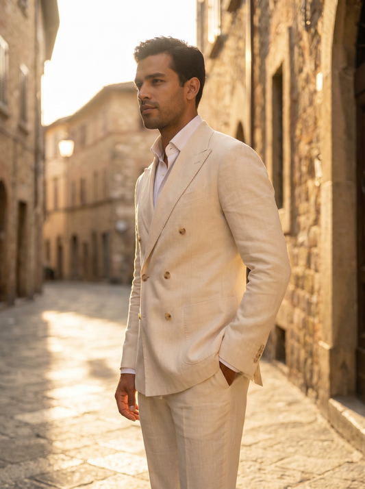 Cream Linen Double Breasted Suit — Custom Made to Measure - side view