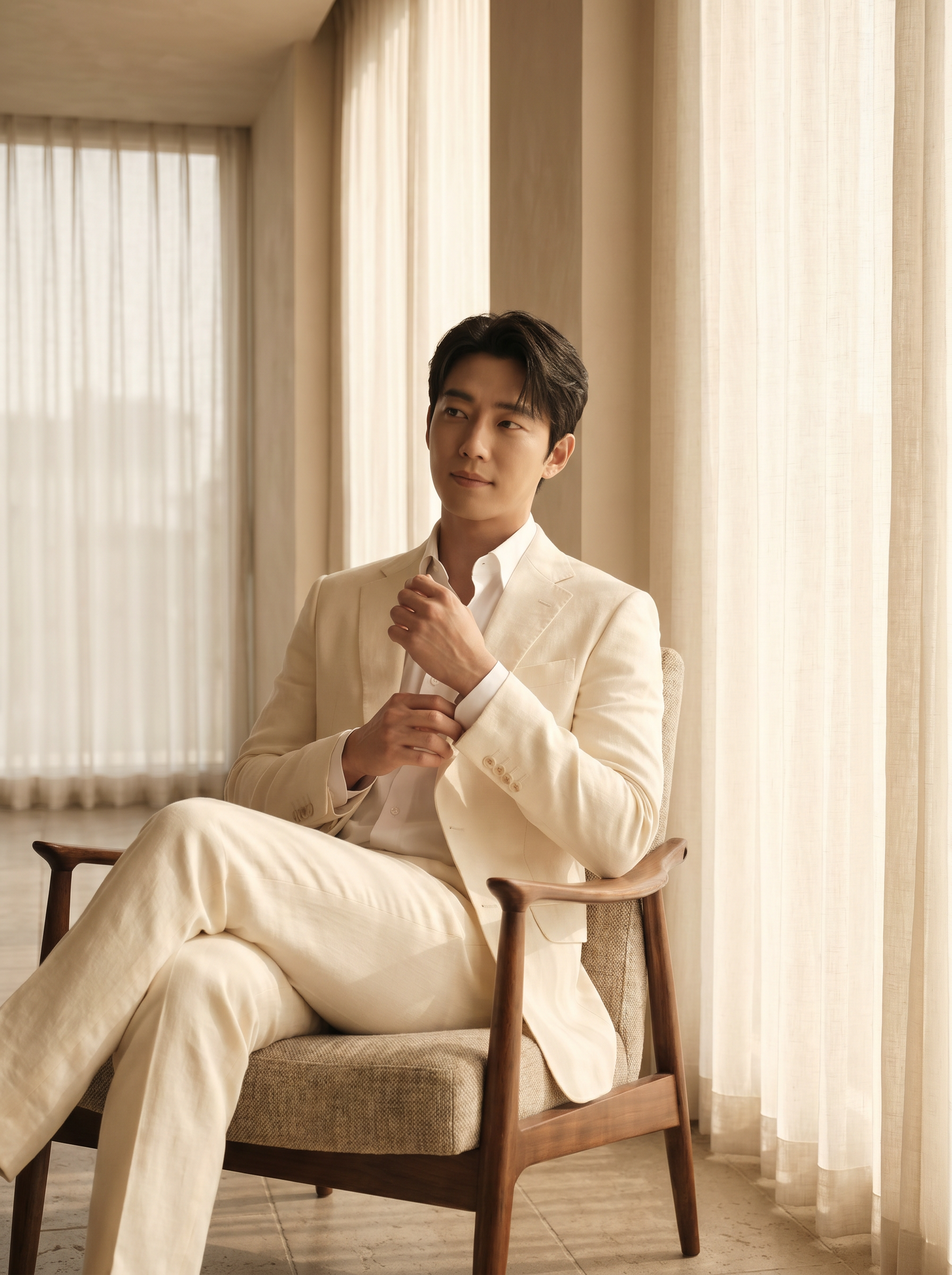 Cream Linen Groomsmen Suit — Custom Made to Measure - seated view