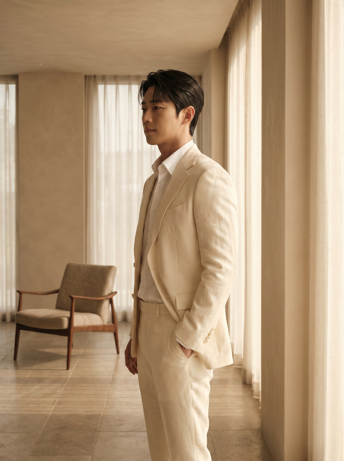Cream Linen Groomsmen Suit — Custom Made to Measure - side view