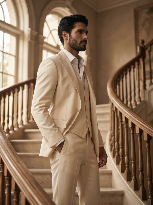 Cream Silk Blend 3-Piece Suit — Custom Made to Measure - side view