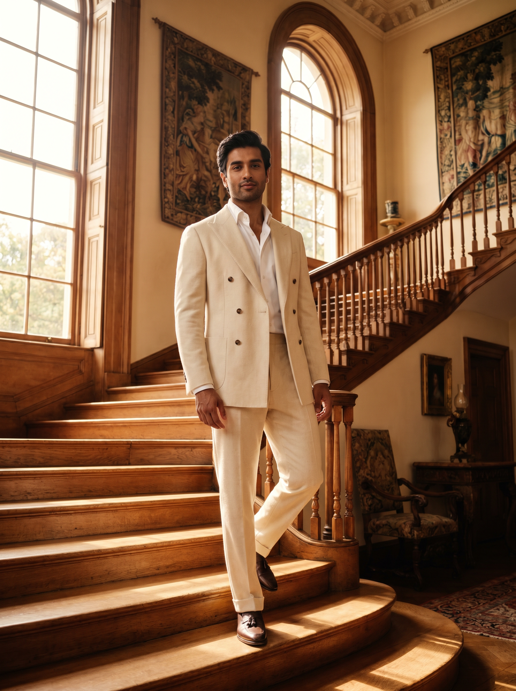 Cream Wool Double Breasted Suit — Custom Made to Measure - front view
