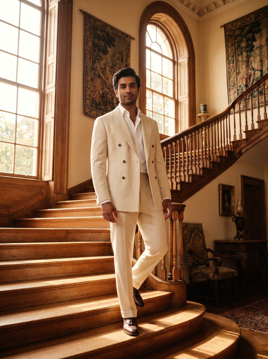 Cream Wool Double Breasted Suit — Custom Made to Measure - front view