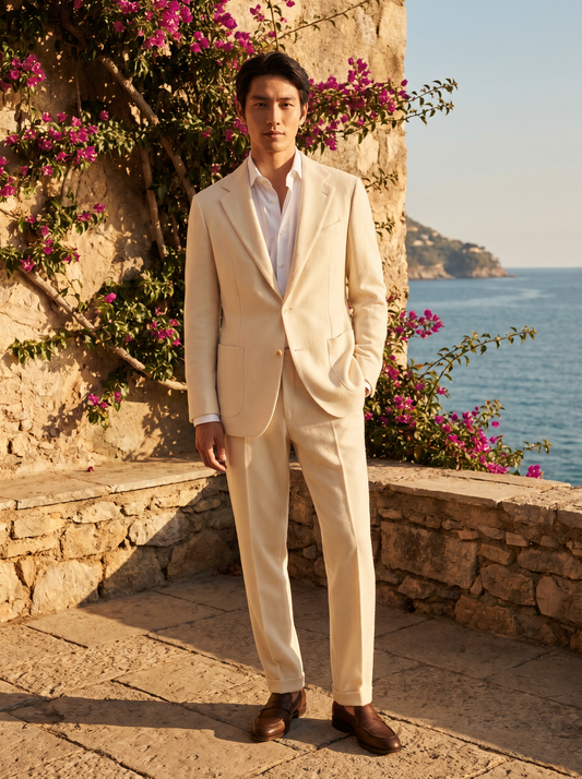 Cream Wool Groomsmen Suit — Custom Made to Measure - front view